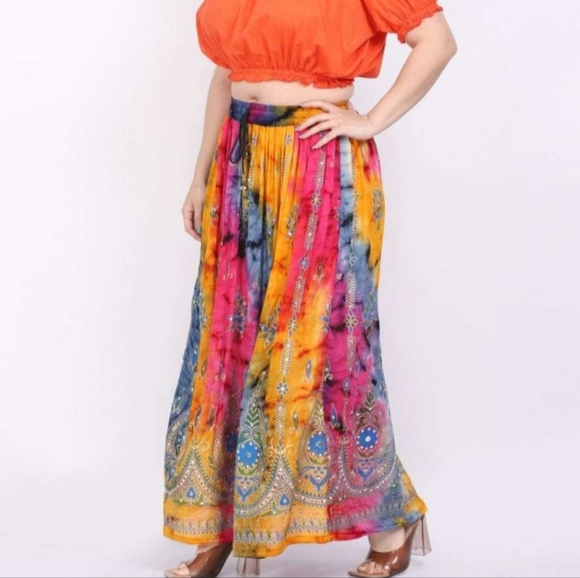 Colorful Tye Dye Bohemian Maxi Skirt With Sequins - Picture 1 of 4